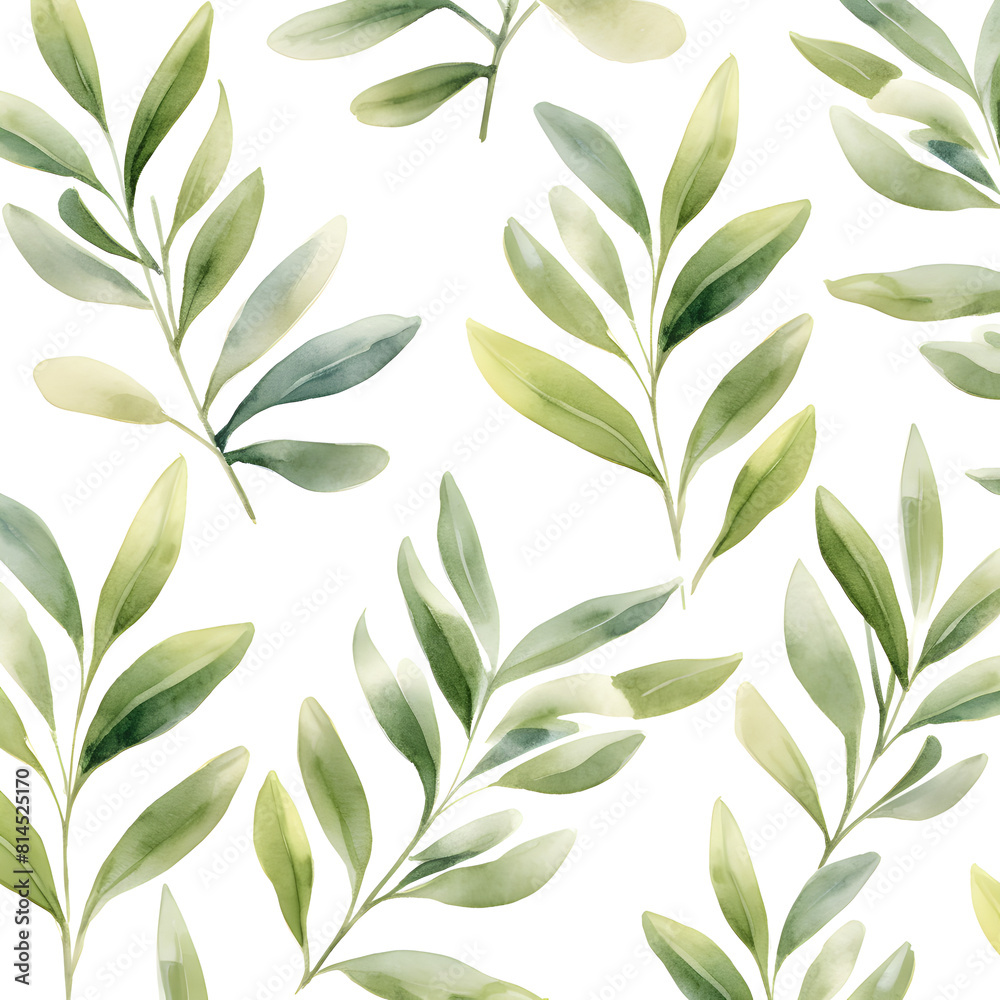 Abstract seamless pattern with green watercolor leaves on white background 