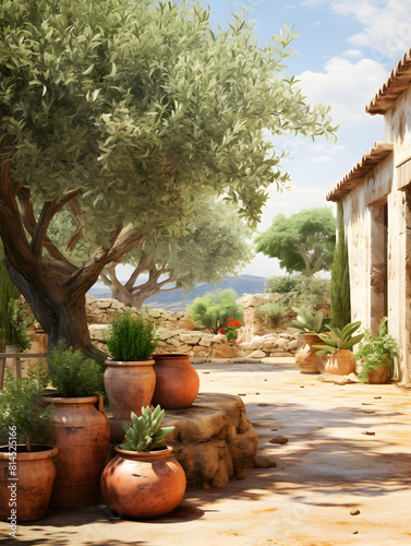 Illustration of a mediterranean terrace with plants and trees in terracotta pots 