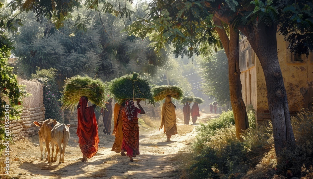 Pakistani Rural Area A scene from Pakistani village life, showing women carrying grass on ...