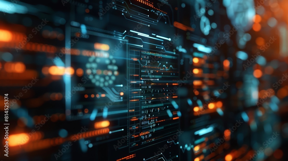 A closeup of an advanced cyber security system interface, with a blurred network diagram in the background, showcasing a hitech concept and cinematic look A closeup of an advanced cyber security system interface, with a blurred network diagram in the background, showcasing a hitech concept and cinematic look