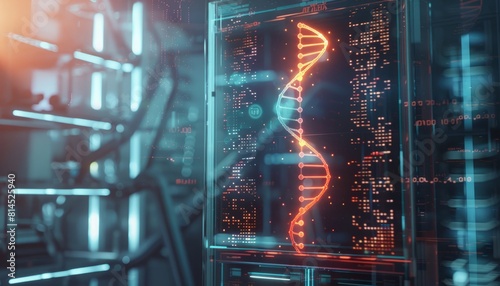 A futuristic DNA medical screen displaying holographic data  ideal for depicting advanced scientific research and health technologies