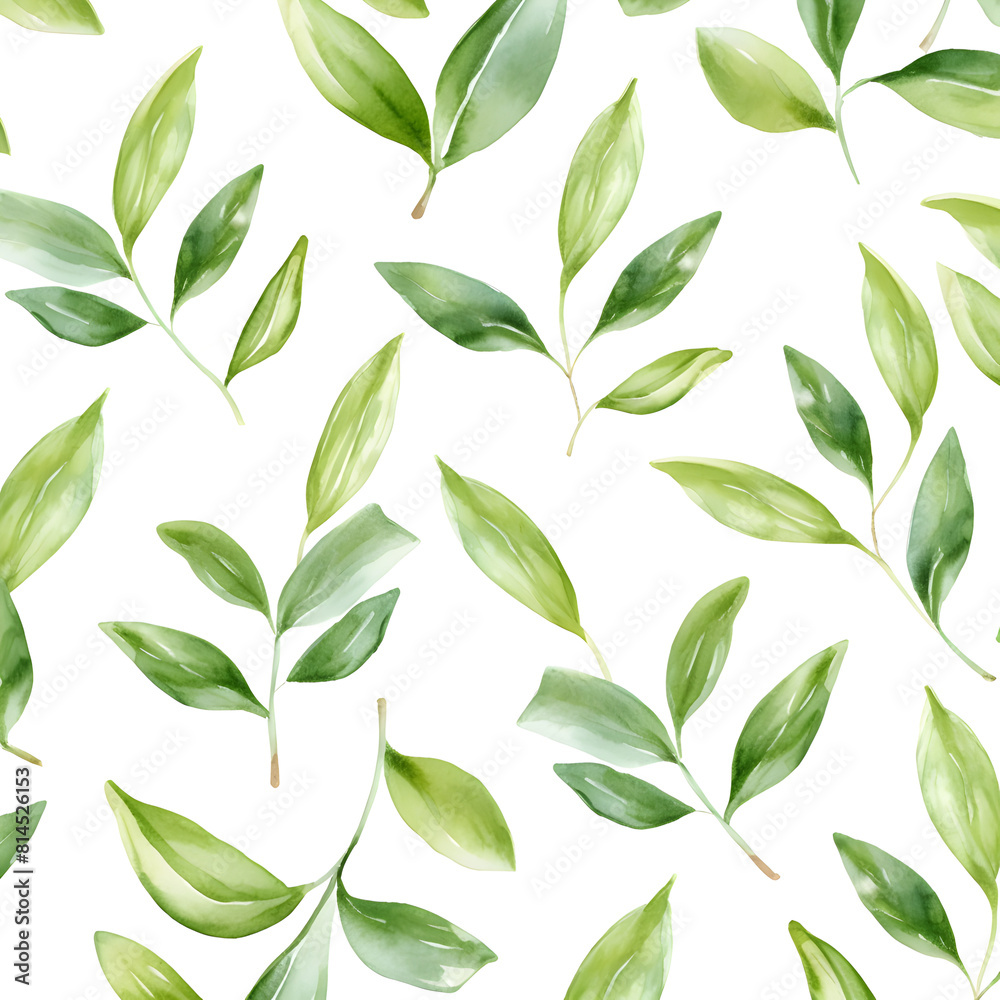Abstract watercolor pattern with green leaves on white background 