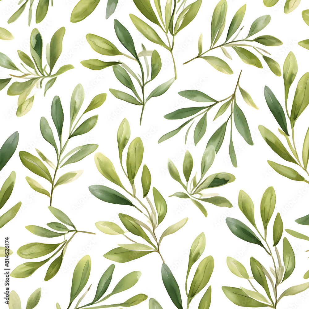 Abstract watercolor pattern with green leaves on white background 