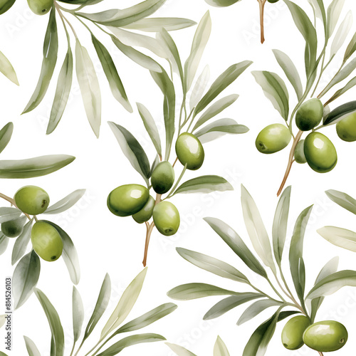 Abstract pattern with olives and green leaves on white background 