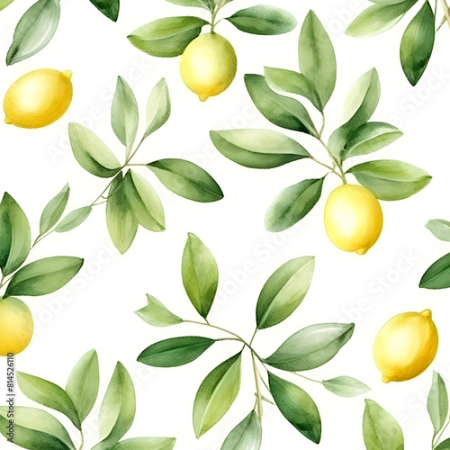 Wallpaper Mural Abstract pattern with lemons and green leaves on white background  Torontodigital.ca