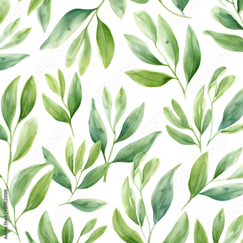 Abstract watercolor pattern with green leaves on white background 