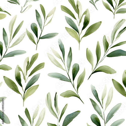 Abstract watercolor pattern with green leaves on white background 