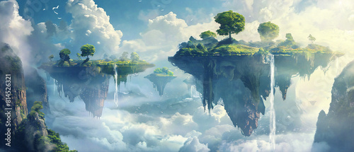Dreamlike scene with levitating land masses, calm water, and a mystical, ethereal atmosphere overall. © Szalai