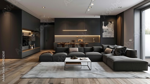 modern living room with gray sofa, black walls and curtains, open kitchen photo