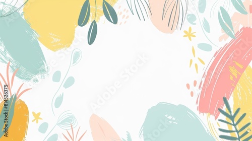 Colorful pastel cute cartoon simple flat vector frame background with hand drawn colorful soft blob shapes on white background  in the style of a minimal edit. 