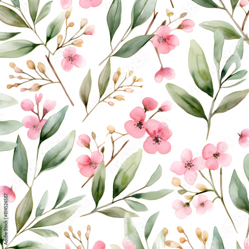 Abstract watercolor pattern with green leaves and pink flowers on white background 