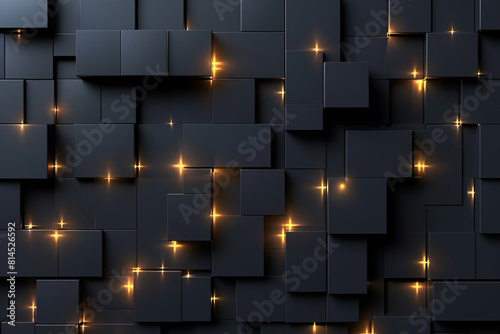 Abstract dark geometric black anthracite 3d texture wall with squares and rectangles background banner illustration with glowing lights 