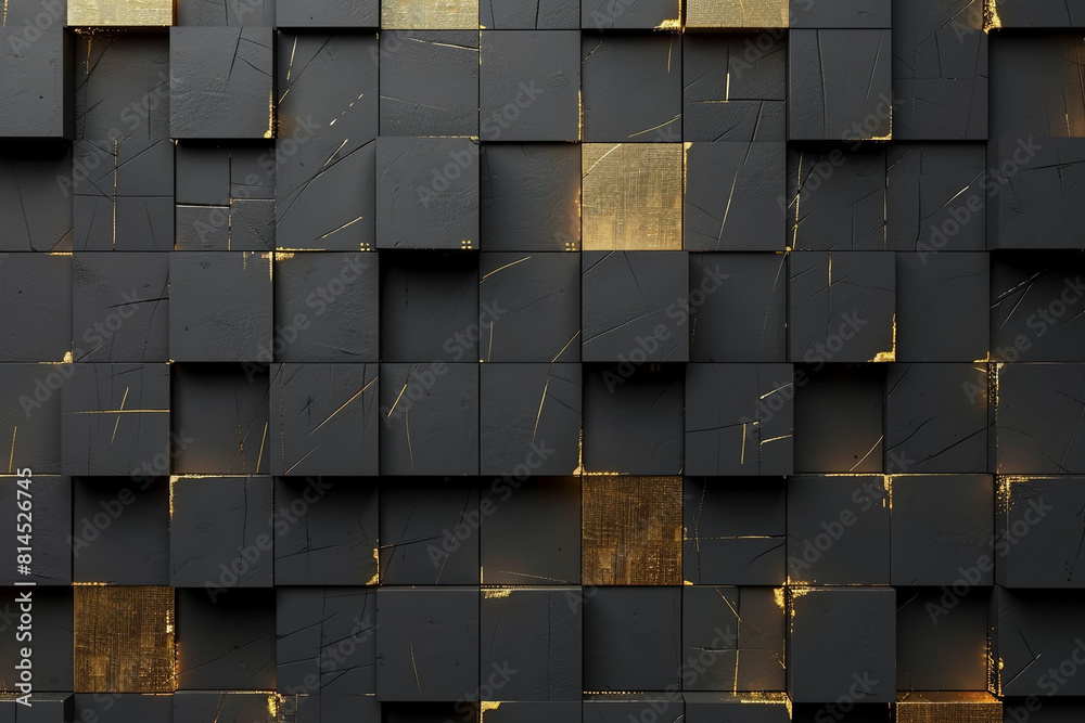Abstract dark geometric luxurious noble gold black 3d texture wall with squares and rectangles background banner illustration Abstract dark geometric luxurious noble gold black 3d texture wall with squares and rectangles background banner illustration