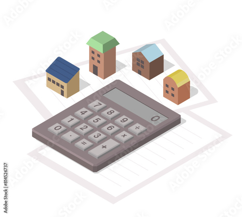 isometric illustration of calculator and house