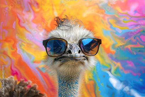 Cute ostrich wearing sunglasses in studio with a colorful and bright background