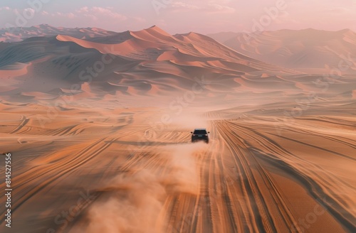 Truck Driving Through Desert With Mountains in Background