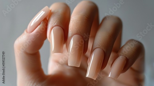 Woman hand with elegant neutral colors manicure. Beautiful natural looking gel polish manicure on nails. look luxury.