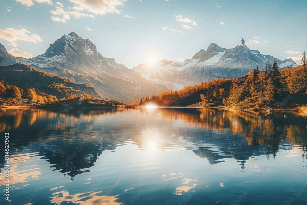 Sunrise Rays Over Tranquil Mountain Lake Sunrise Rays Over Tranquil Mountain Lake