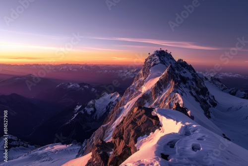 Sunset Glow on Snow-Covered Mountain Summit