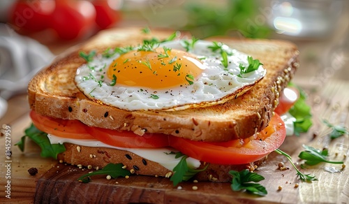 Delicious sunny-side up egg on toasted bread with fresh tomatoes and greens