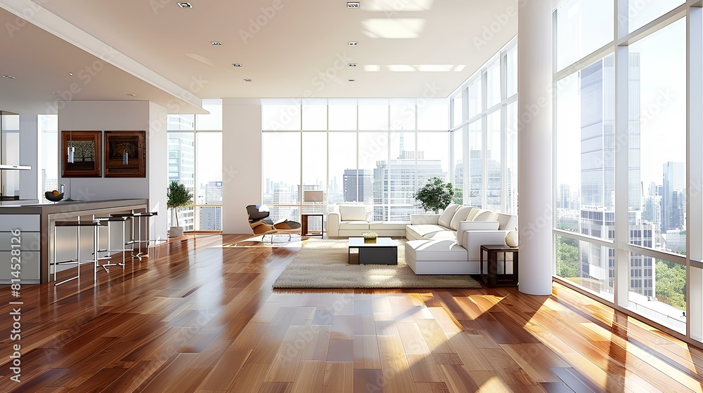 An airy and spacious empty living room in a modern apartment, adorned with rich hardwood floors that lend a sense of timeless sophistication to the space. 