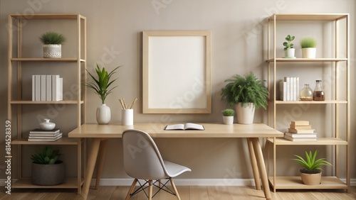 Neutral Home Office Frame Mockup: A neutral-toned home office environment with a frame mockup positioned on a desk or shelf, offering a minimalist backdrop for productivity and creativity. 