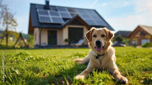 Cute dog on grass yard with New suburban house with a photovoltaic system on the roof on background. Modern eco friendly passive house.