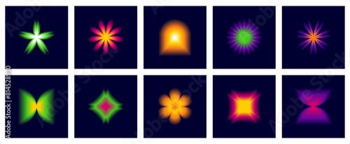 Trendy posters with aura gradient shapes. Modern bright  elements  with blurry effect. Flowers y2k aesthetic postcards, background. Vector