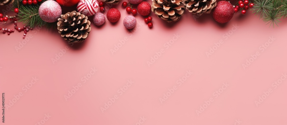 A festive Christmas layout with a backdrop of a pink background adorned with fir tree branches cones red berries and decorations The composition captures the spirit of both Christmas and the New Year A festive Christmas layout with a backdrop of a pink background adorned with fir tree branches cones red berries and decorations The composition captures the spirit of both Christmas and the New Year