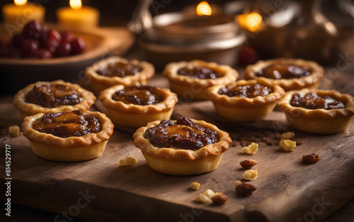 Canadian butter tarts, flaky pastry, rich filling, rustic wooden surface, soft lighting