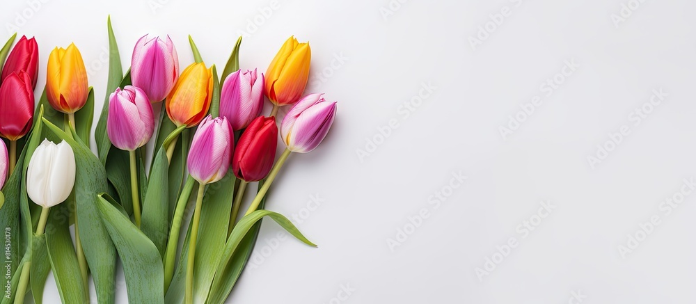 A beautiful bouquet of tulips stands alone on a white backdrop with ample space around it for showcasing its vibrant colors in a copy space image A beautiful bouquet of tulips stands alone on a white backdrop with ample space around it for showcasing its vibrant colors in a copy space image