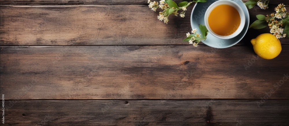 A copy space image with tea and lemon placed on a rustic wooden background A copy space image with tea and lemon placed on a rustic wooden background