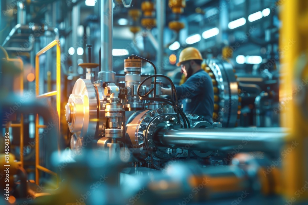 Fototapeta premium A man in a hard hat working on a machine. Suitable for industrial concepts