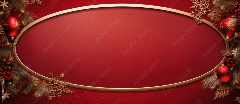 Top view of a red Christmas background featuring an oval frame The festive border creates a happy holidays atmosphere and provides a copy space image for adding text Top view of a red Christmas background featuring an oval frame The festive border creates a happy holidays atmosphere and provides a copy space image for adding text