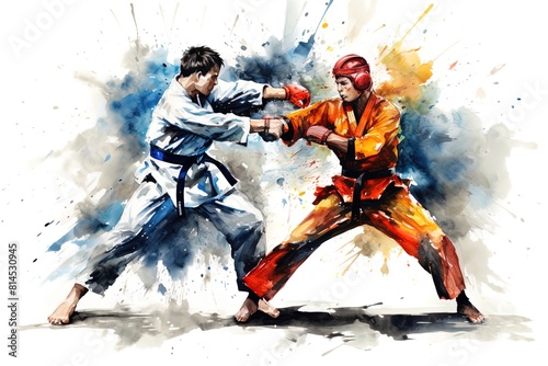 Taekwondo sparring in watercolor style