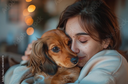 Woman Holding Small Dog in Her Arms