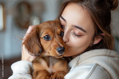 Woman Holding Small Dog in Arms