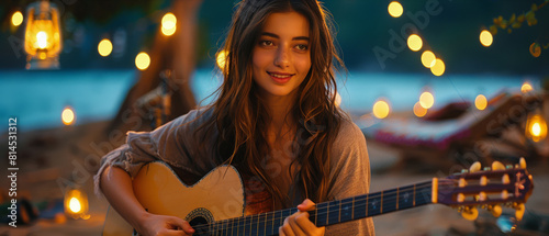 Woman Playing Guitar in Front of String of Lights