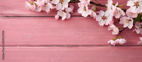 A copy space image featuring flowering cherry branches against a pink wooden background