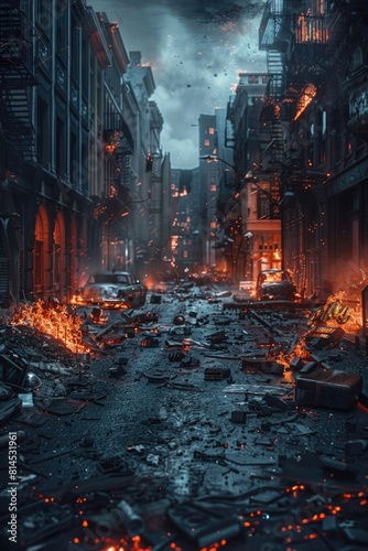 A chaotic city street scene with fire and debris. Suitable for disaster or emergency concept
