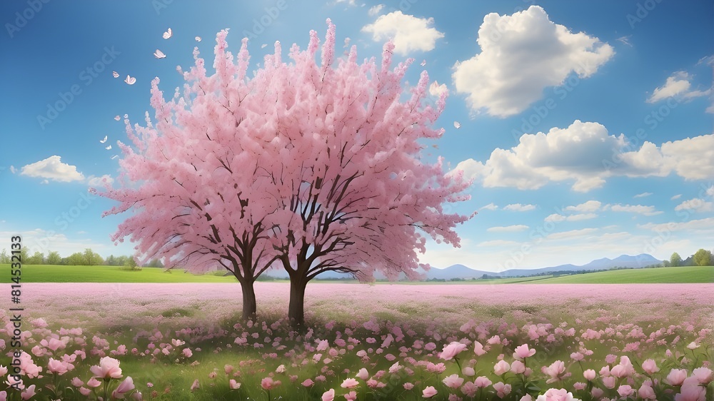 The blossoming blossoms filling the field, giving the scenery new life, are symbolic of renewal and rejuvenation in the springtime. The blossoming blossoms filling the field, giving the scenery new life, are symbolic of renewal and rejuvenation in the springtime.
