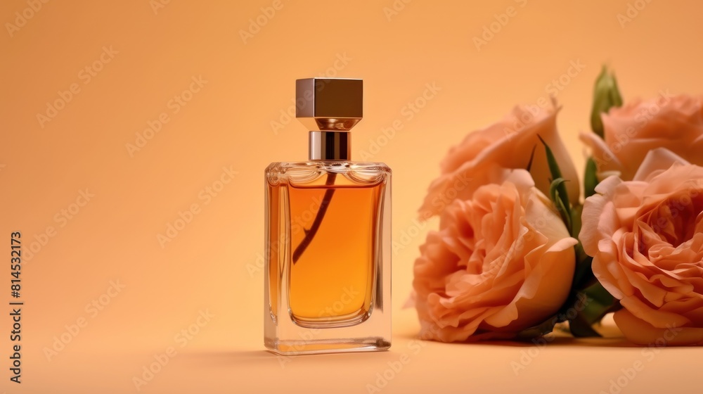 a bottle of perfume with a golden yellow liquid inside, accompanied by some beautiful peach colored flowers in the matching background a bottle of perfume with a golden yellow liquid inside, accompanied by some beautiful peach colored flowers in the matching background