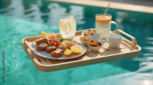 wooden tray that floats on the water of the swimming pool during the day. The tray contains various foods and drinks. photo