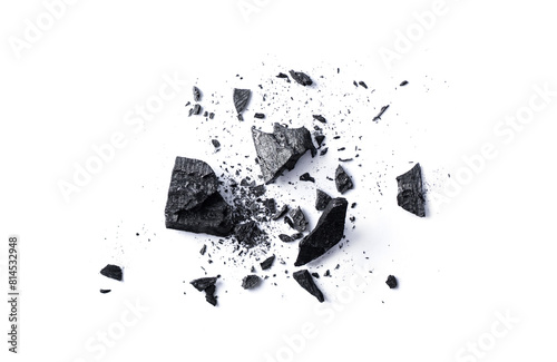 Natural organic wooden charcoal broken piece isolated on white background. Charcoal volcanic bamboo pieces for design.
