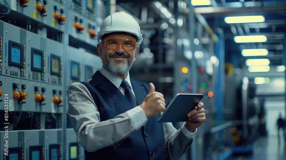 Confident male supervisor in formal wear and safety helmet, signaling approval with a thumbs-up while analyzing power plant operations on a tablet. Confident male supervisor in formal wear and safety helmet, signaling approval with a thumbs-up while analyzing power plant operations on a tablet.