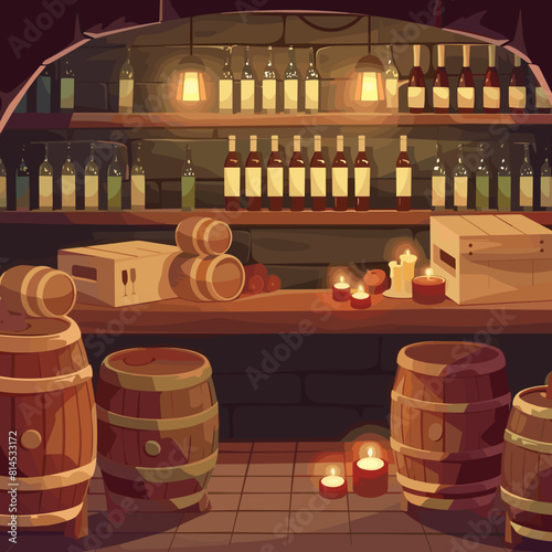 Vintage Wine Cellar with Wooden Barrels and Bottles
