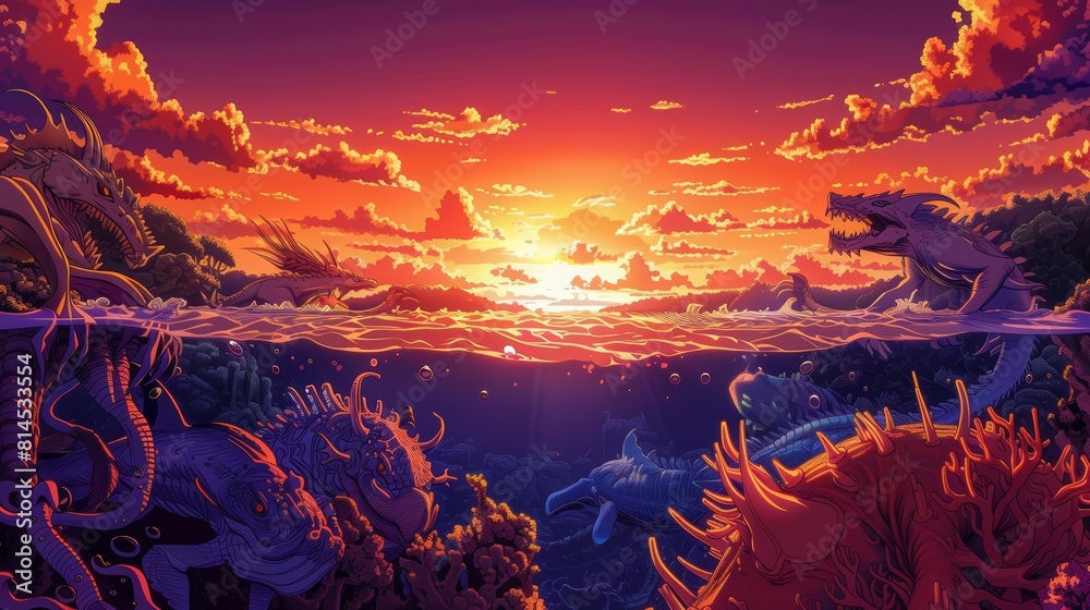 Sunset Creatures Design a manga-style seascape with mythical creatures and a sunset ...