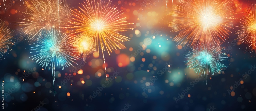 Fototapeta premium A vibrant abstract holiday background with fireworks lighting up New Year s Eve leaving blank space for customized content. with copy space image. Place for adding text or design