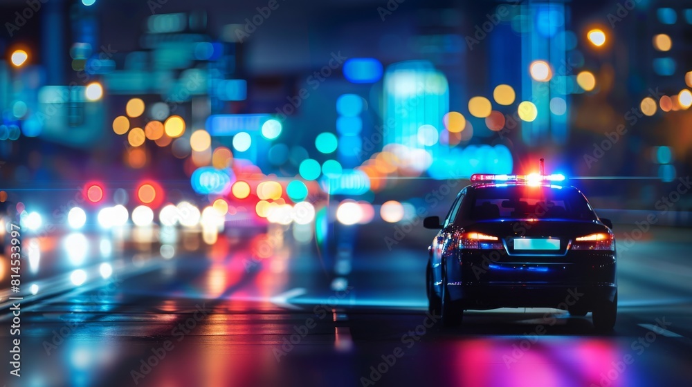 A police car with flashing lights moves swiftly down a city street at night, amidst the glow of streetlights and illuminated storefronts.