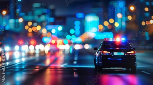 A police car with flashing lights moves swiftly down a city street at night, amidst the glow of streetlights and illuminated storefronts.